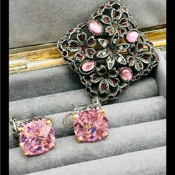 Vintage Pink Rock Candy Crystal Earrings & Brooch - Picture 10 of 10